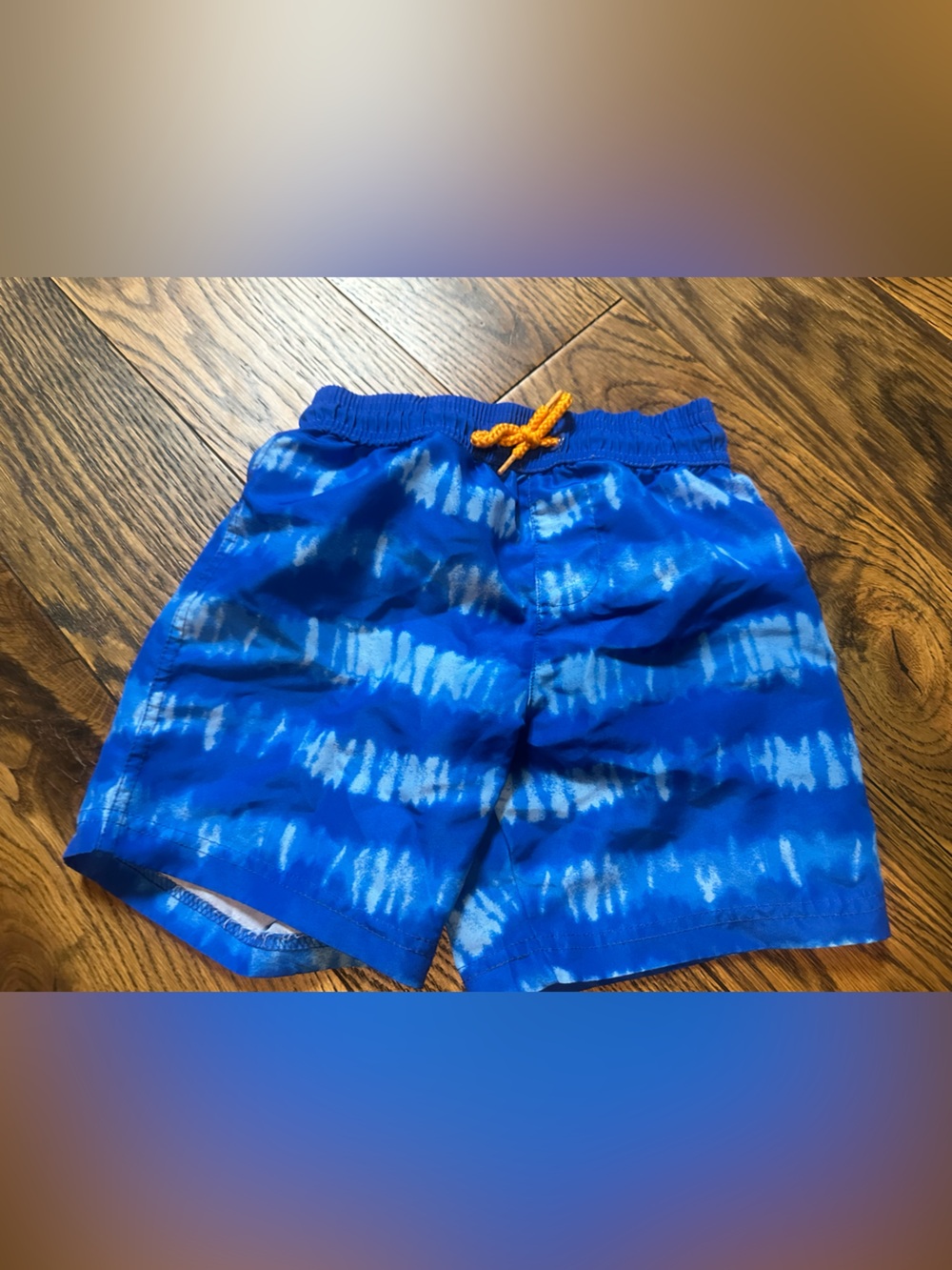 Blue Tie-Dye Kids Swim Shorts with Yellow Drawstring